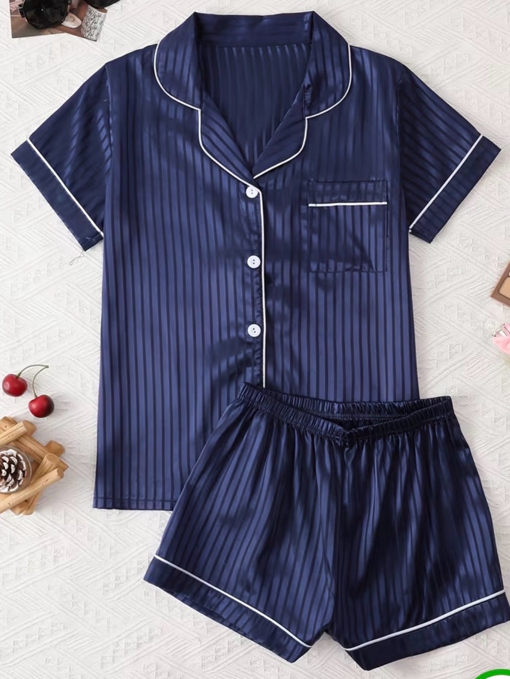 Classic Satin Navy Short Pajama Set with White Piping medium